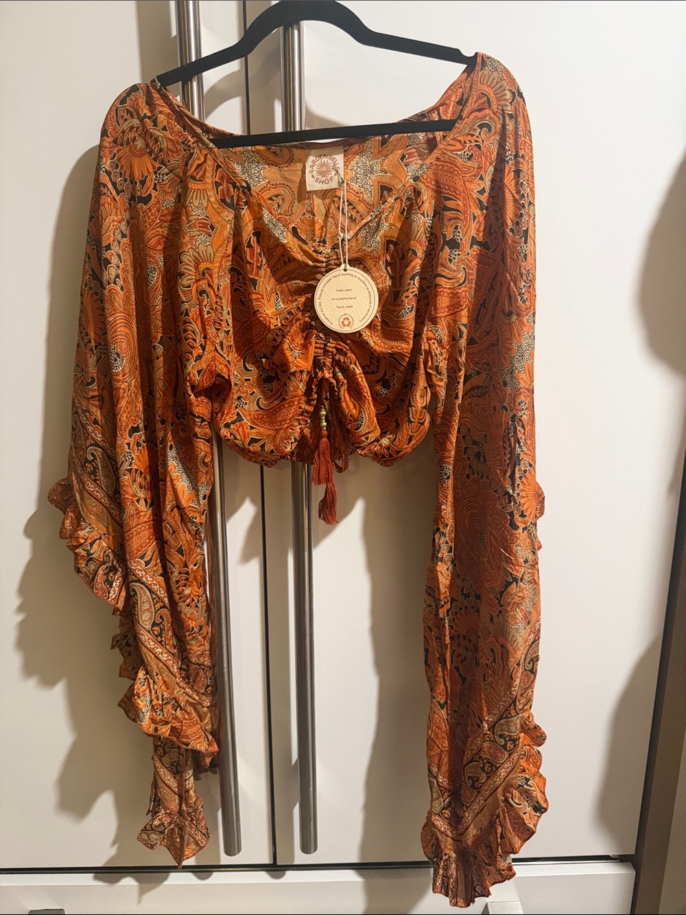 Boho Tie-Front Silk Paisley Blouse with bell ruffle sleeves - Orange